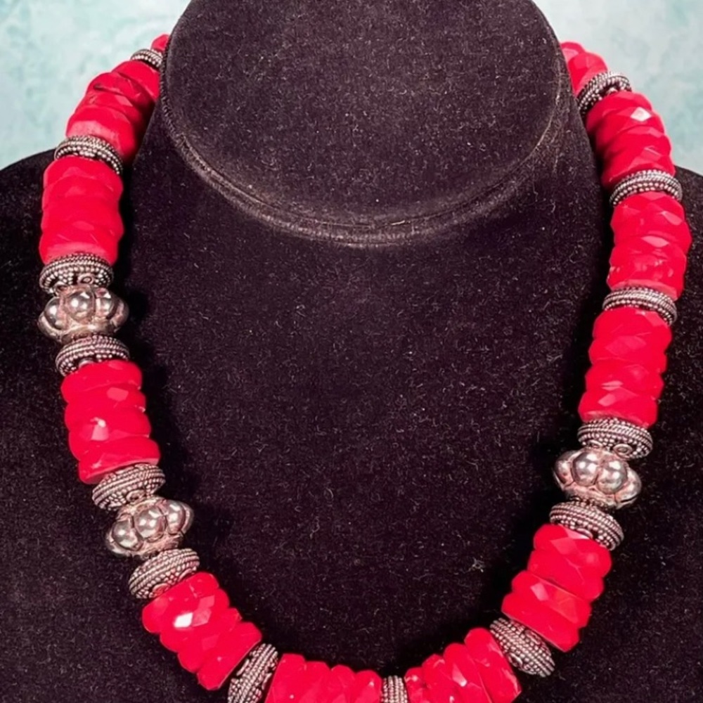 Red Sponge Coral and Sterling Silver 18” Choker Toggle Clasp Artisan Necklace
